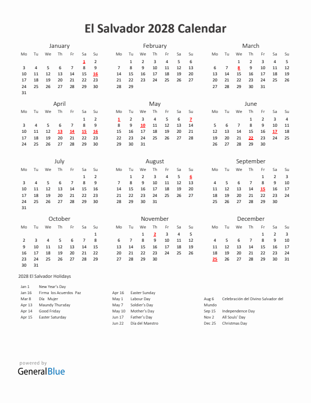 2028 Yearly Calendar Printable With El Salvador Holidays