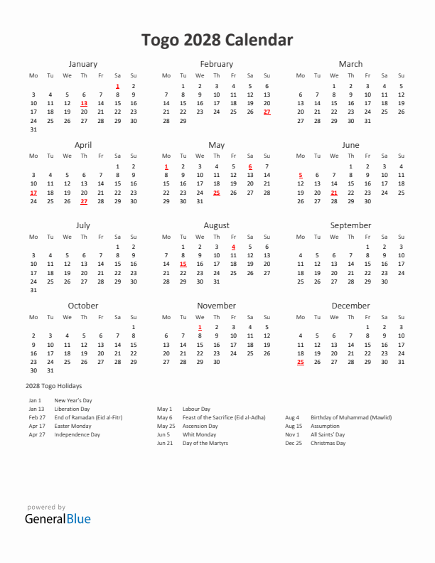 2028 Yearly Calendar Printable With Togo Holidays