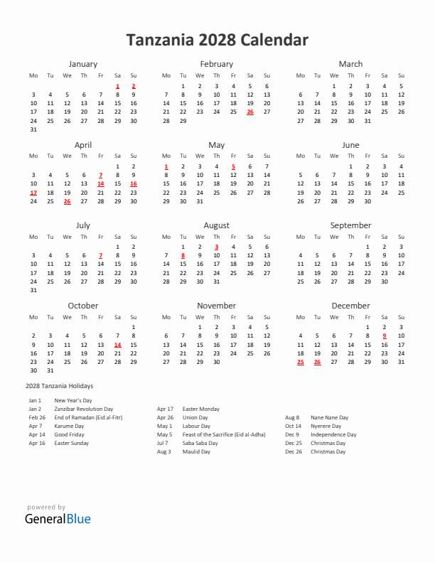 2028 Yearly Calendar Printable With Tanzania Holidays