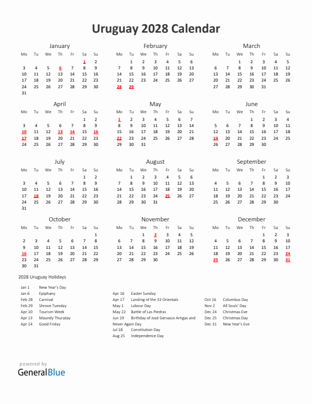 2028 Yearly Calendar Printable With Uruguay Holidays