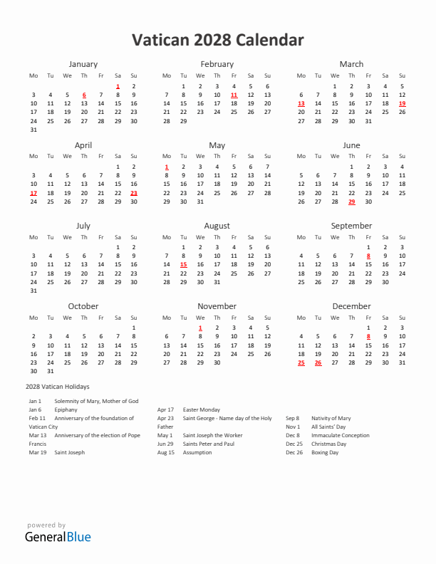 2028 Yearly Calendar Printable With Vatican Holidays