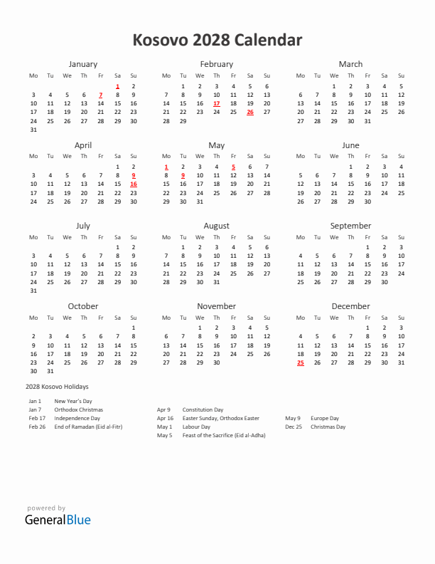 2028 Yearly Calendar Printable With Kosovo Holidays