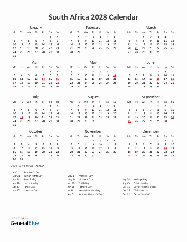 2028 Yearly Calendar Printable With South Africa Holidays