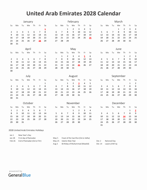 2028 Yearly Calendar Printable With United Arab Emirates Holidays