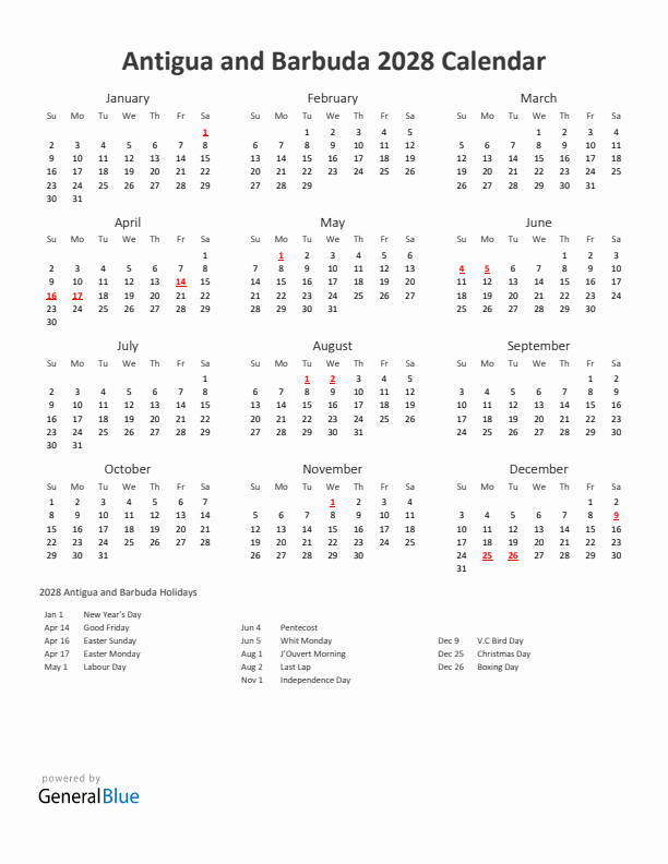 2028 Yearly Calendar Printable With Antigua and Barbuda Holidays