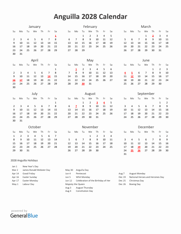 2028 Yearly Calendar Printable With Anguilla Holidays
