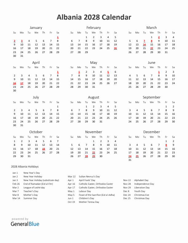 2028 Yearly Calendar Printable With Albania Holidays