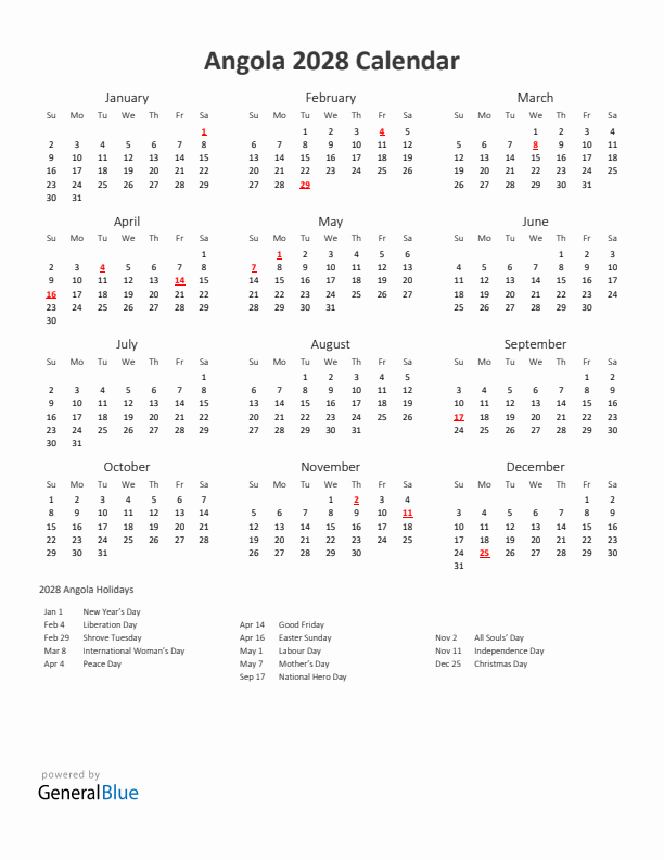 2028 Yearly Calendar Printable With Angola Holidays