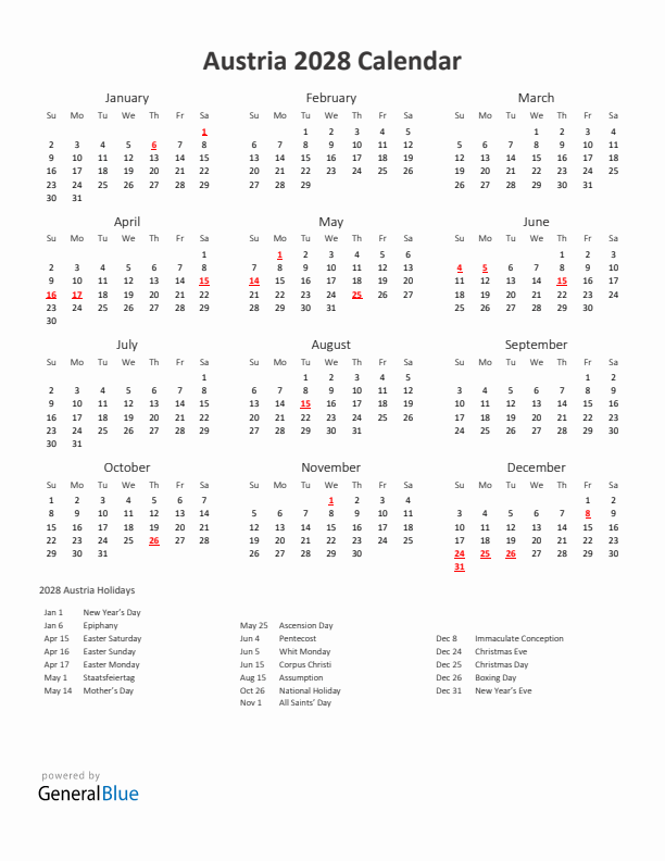 2028 Yearly Calendar Printable With Austria Holidays