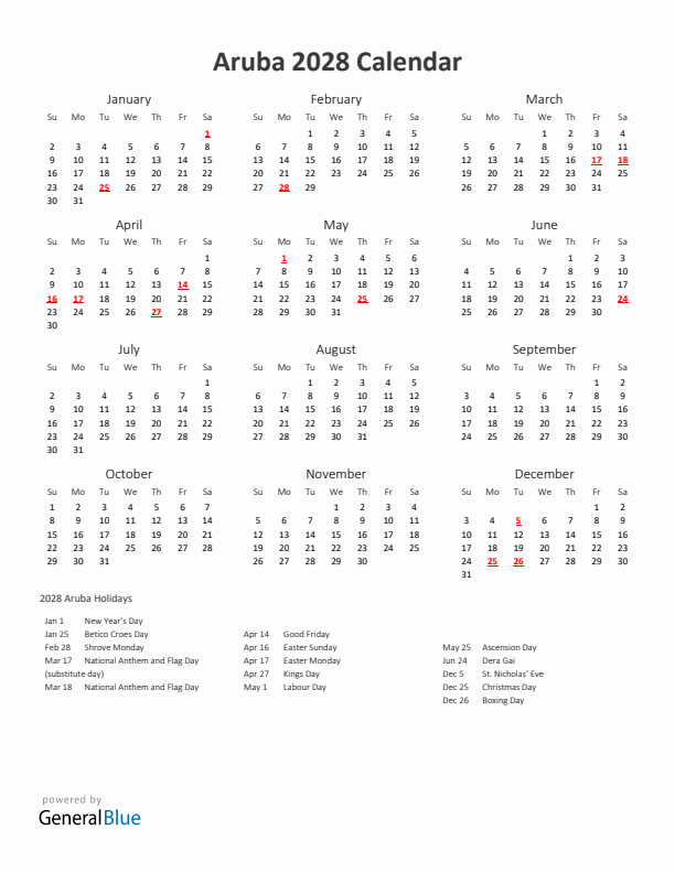 2028 Yearly Calendar Printable With Aruba Holidays