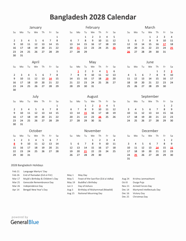 2028 Yearly Calendar Printable With Bangladesh Holidays