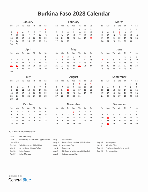 2028 Yearly Calendar Printable With Burkina Faso Holidays