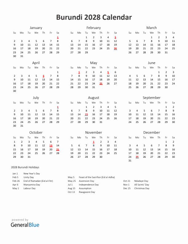 2028 Yearly Calendar Printable With Burundi Holidays