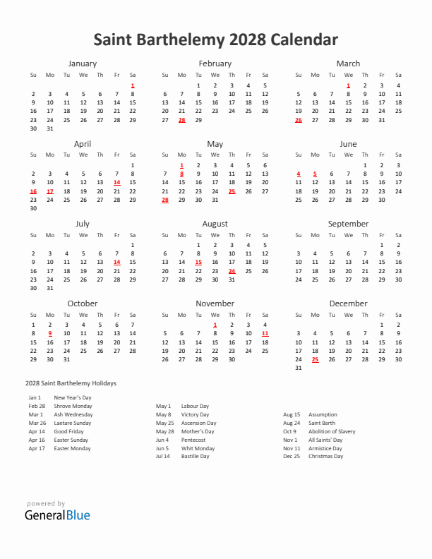 2028 Yearly Calendar Printable With Saint Barthelemy Holidays