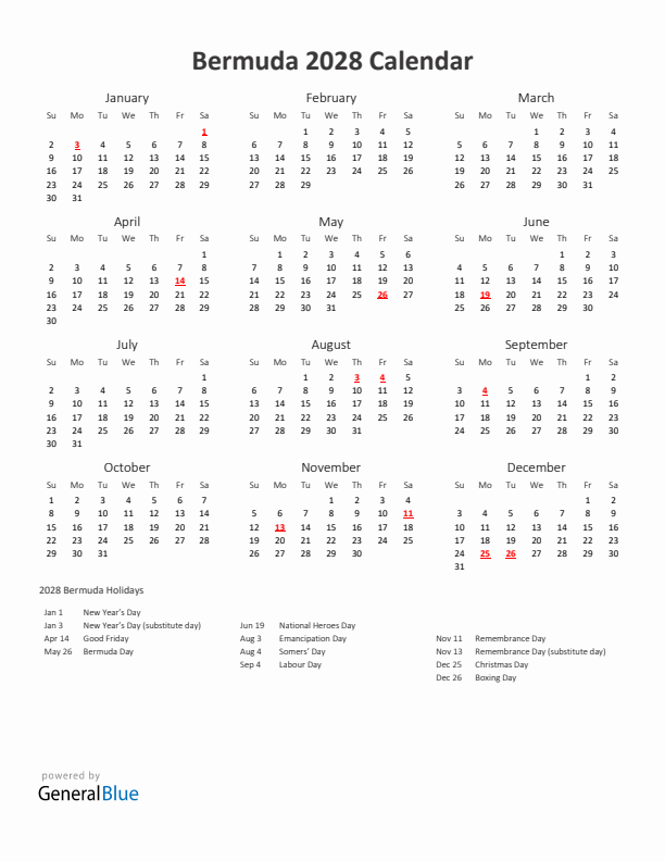 2028 Yearly Calendar Printable With Bermuda Holidays