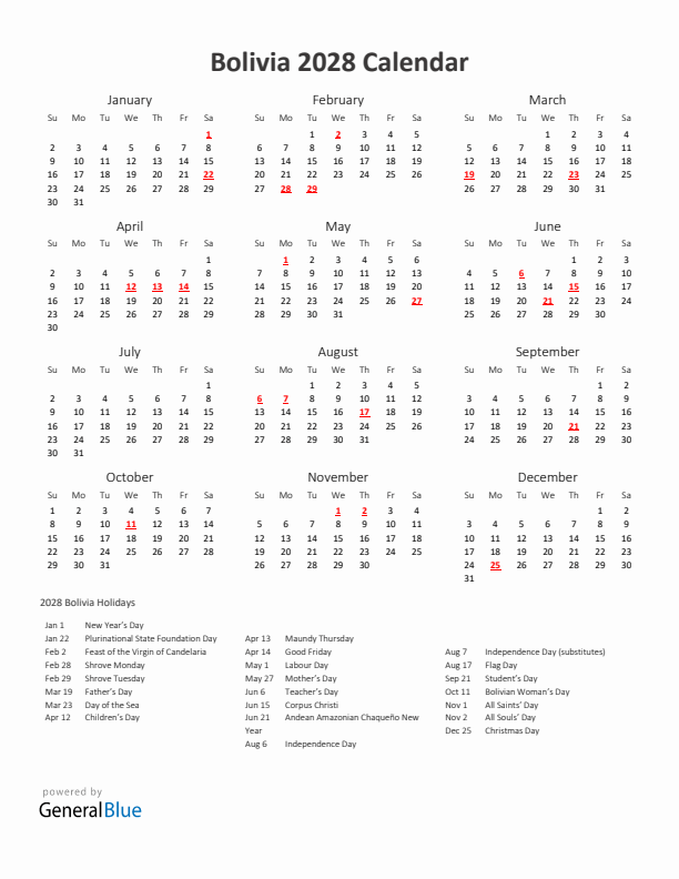 2028 Yearly Calendar Printable With Bolivia Holidays