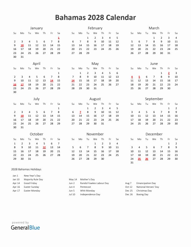 2028 Yearly Calendar Printable With Bahamas Holidays