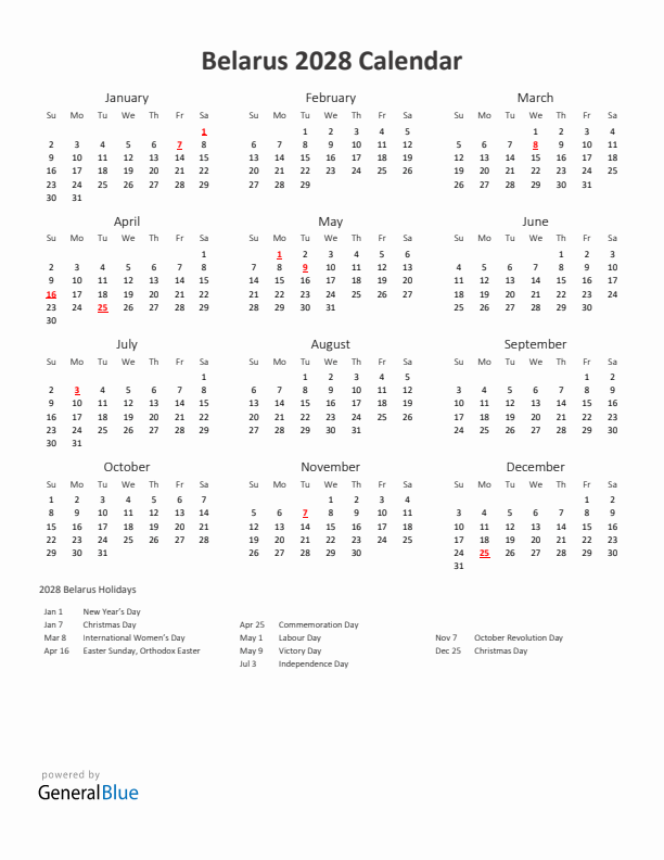 2028 Yearly Calendar Printable With Belarus Holidays