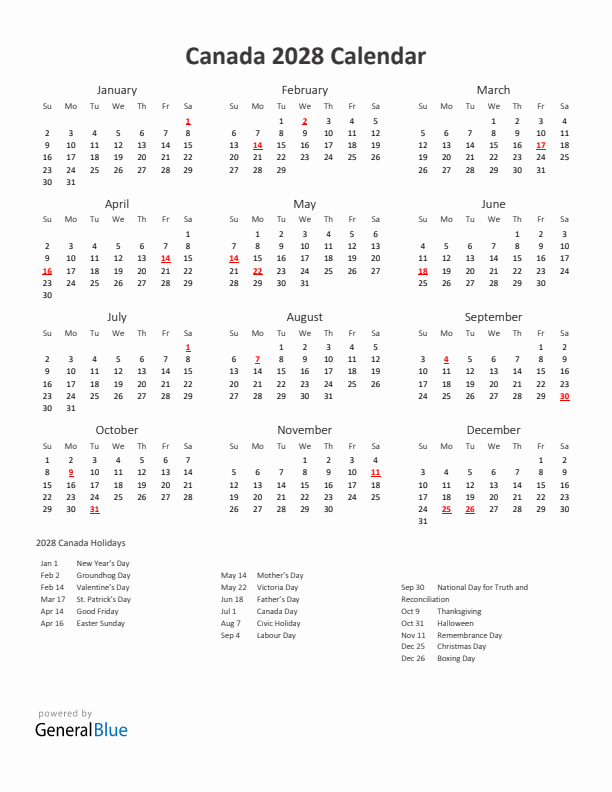 2028 Yearly Calendar Printable With Canada Holidays