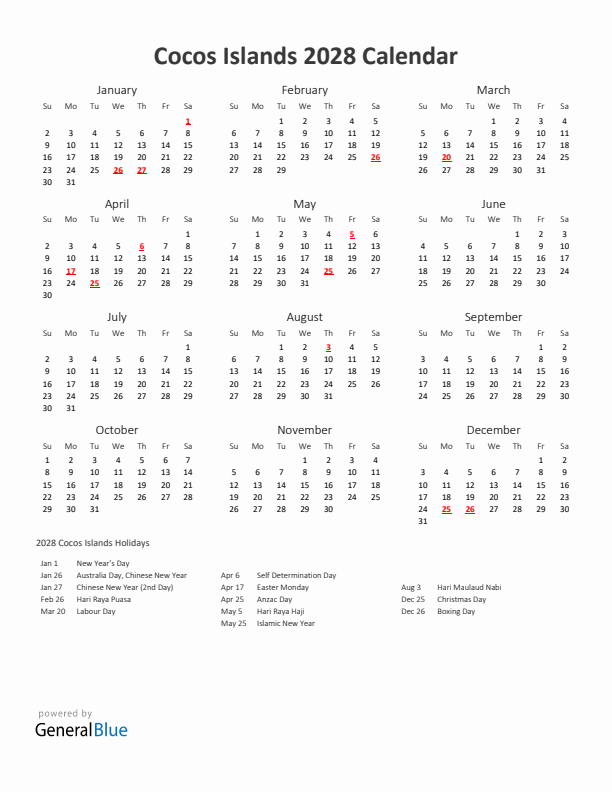 2028 Yearly Calendar Printable With Cocos Islands Holidays