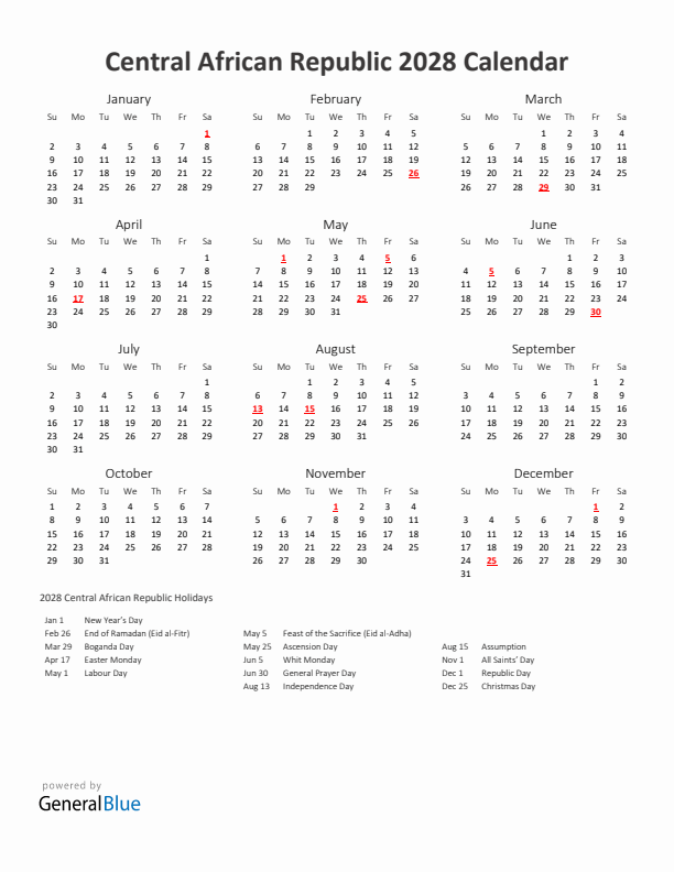 2028 Yearly Calendar Printable With Central African Republic Holidays