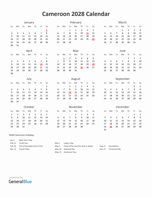 2028 Yearly Calendar Printable With Cameroon Holidays
