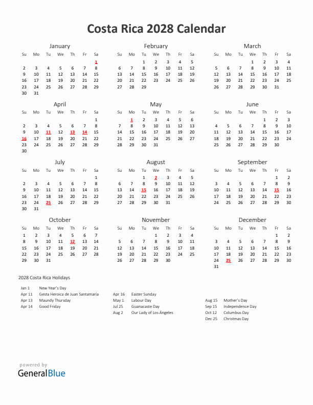 2028 Yearly Calendar Printable With Costa Rica Holidays