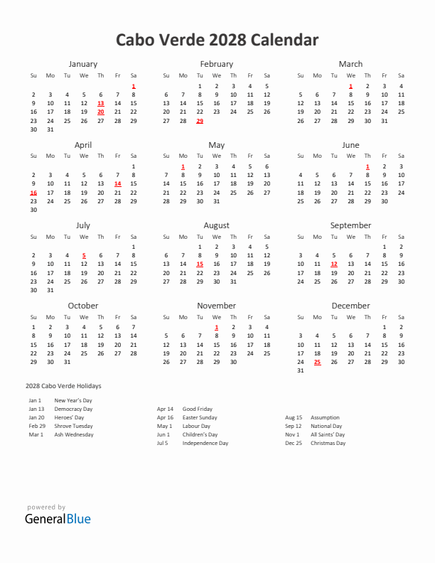 2028 Yearly Calendar Printable With Cabo Verde Holidays