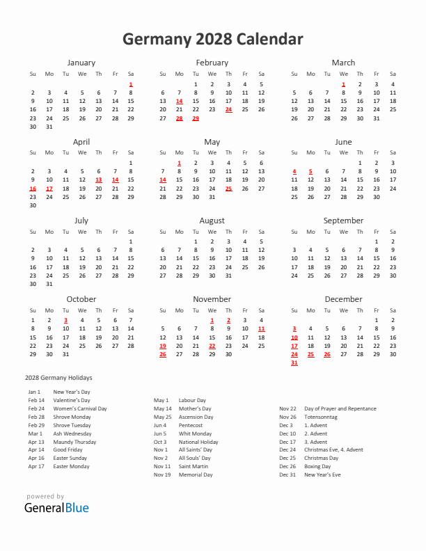 2028 Yearly Calendar Printable With Germany Holidays