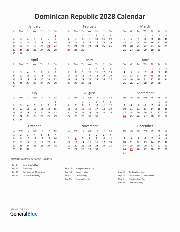 2028 Yearly Calendar Printable With Dominican Republic Holidays