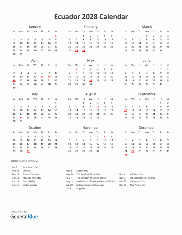 2028 Yearly Calendar Printable With Ecuador Holidays