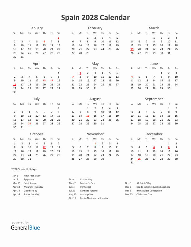 2028 Yearly Calendar Printable With Spain Holidays