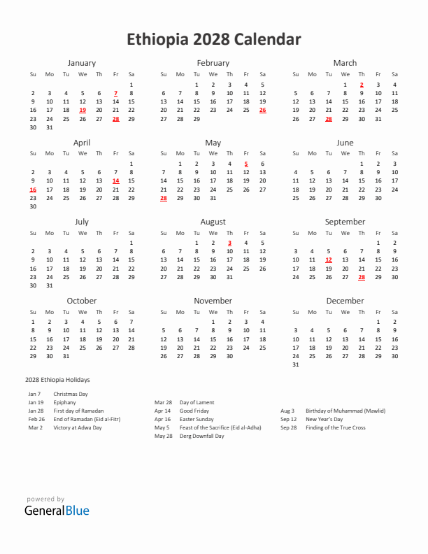 2028 Yearly Calendar Printable With Ethiopia Holidays