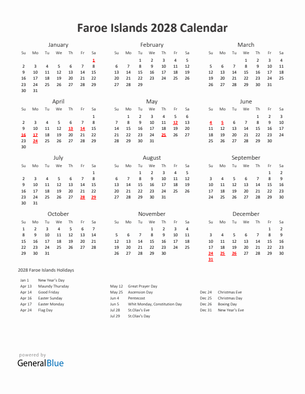 2028 Yearly Calendar Printable With Faroe Islands Holidays