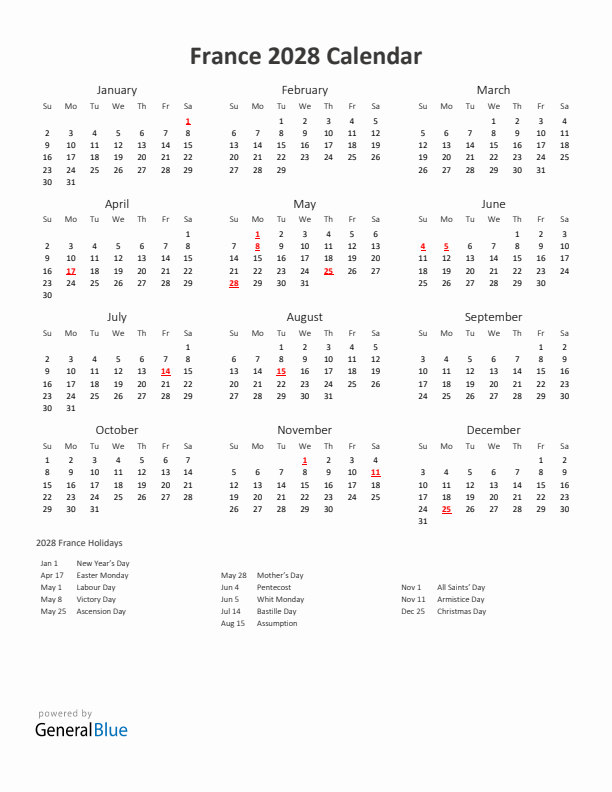 2028 Yearly Calendar Printable With France Holidays