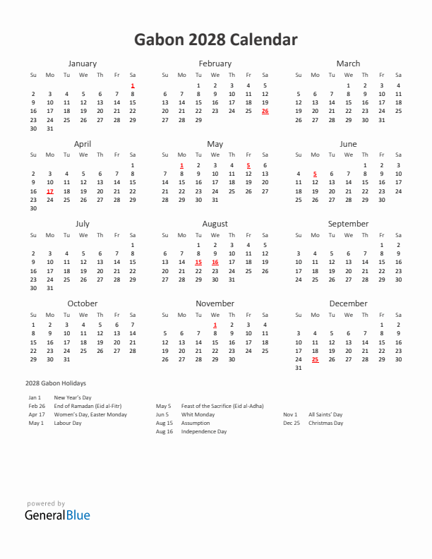 2028 Yearly Calendar Printable With Gabon Holidays