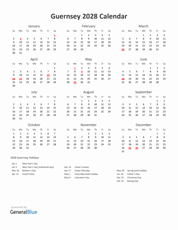 2028 Yearly Calendar Printable With Guernsey Holidays