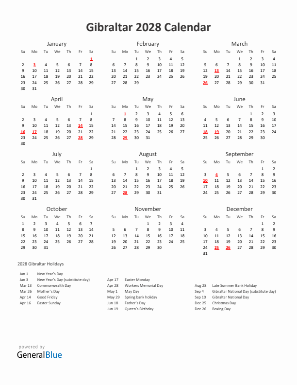 2028 Yearly Calendar Printable With Gibraltar Holidays