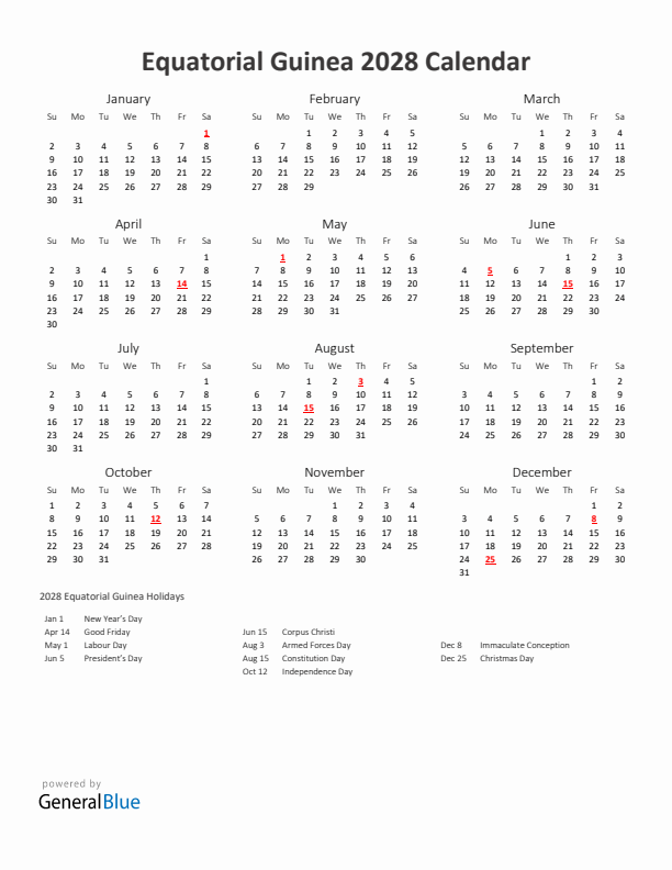 2028 Yearly Calendar Printable With Equatorial Guinea Holidays