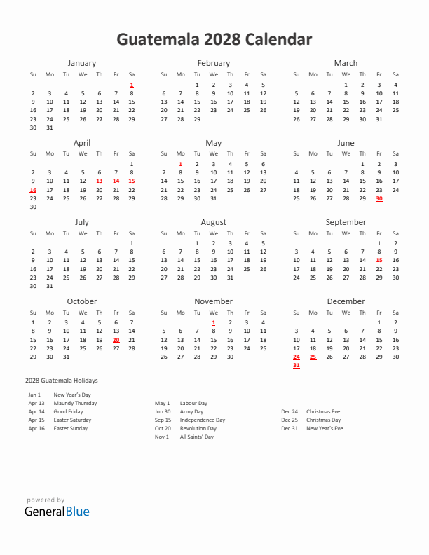 2028 Yearly Calendar Printable With Guatemala Holidays