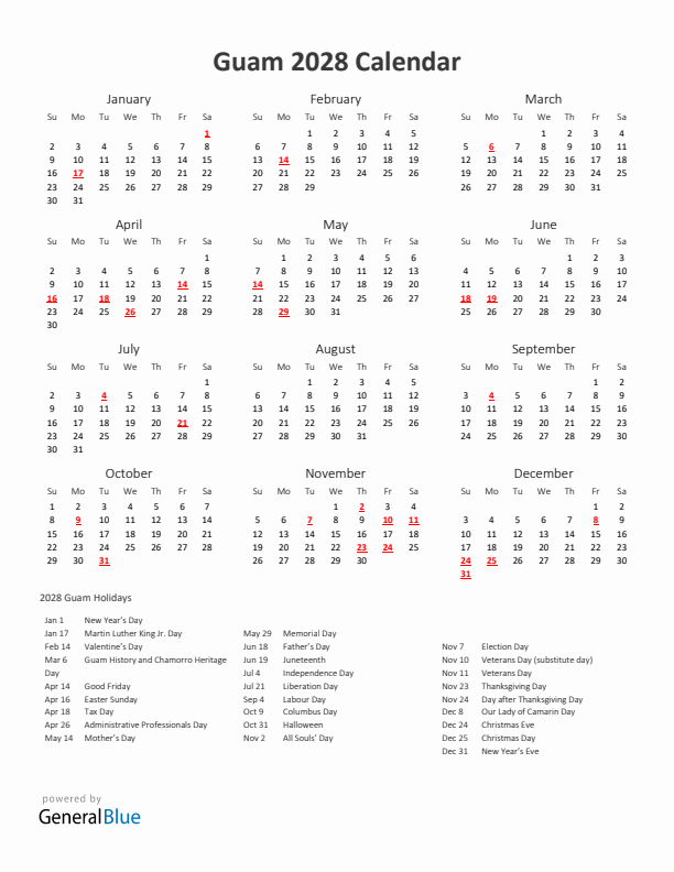 2028 Yearly Calendar Printable With Guam Holidays