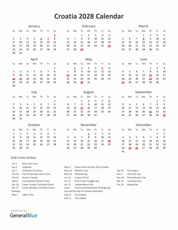 2028 Yearly Calendar Printable With Croatia Holidays