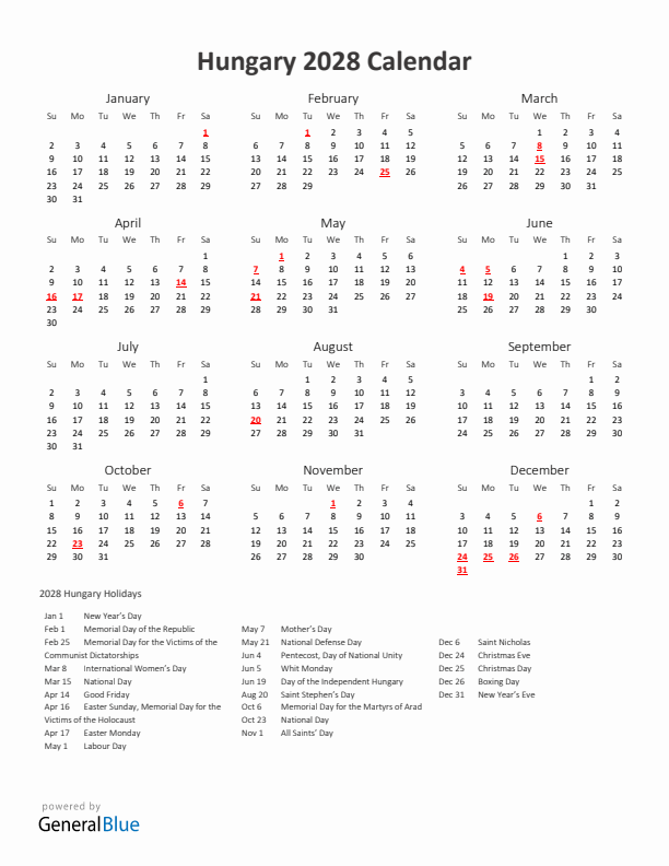 2028 Yearly Calendar Printable With Hungary Holidays