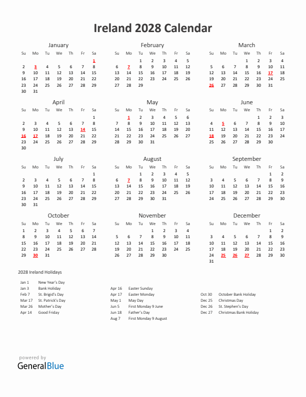 2028 Yearly Calendar Printable With Ireland Holidays