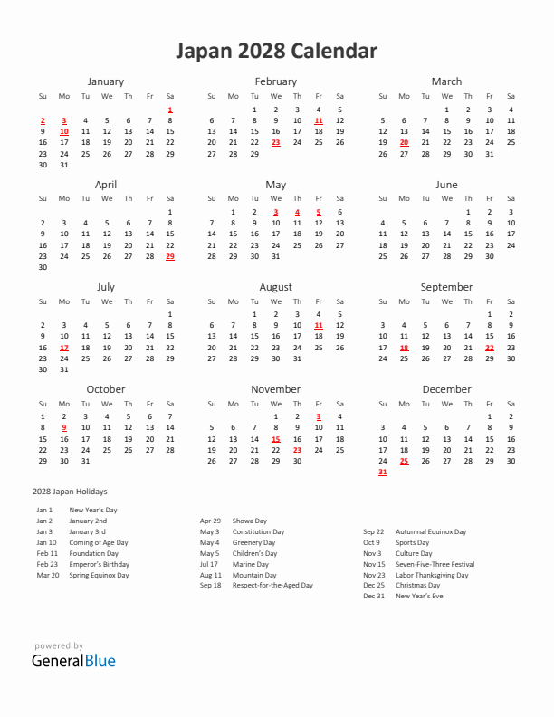 2028 Yearly Calendar Printable With Japan Holidays