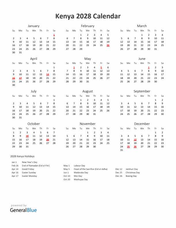 2028 Yearly Calendar Printable With Kenya Holidays