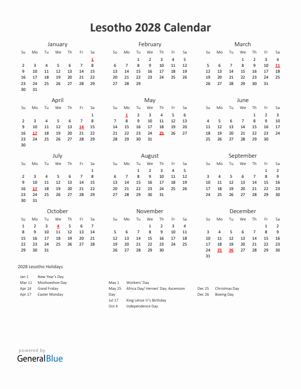 2028 Yearly Calendar Printable With Lesotho Holidays