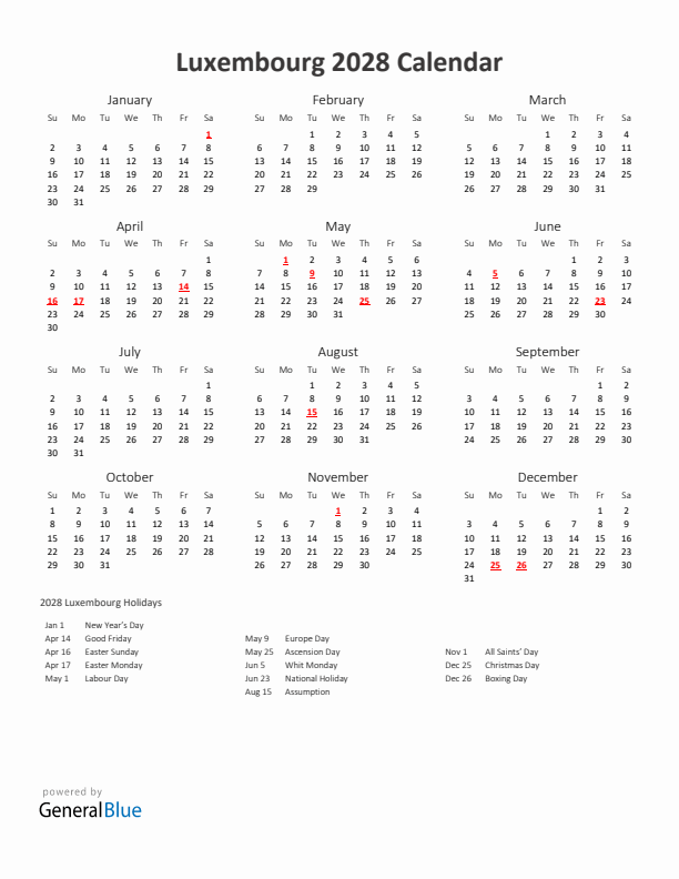 2028 Yearly Calendar Printable With Luxembourg Holidays