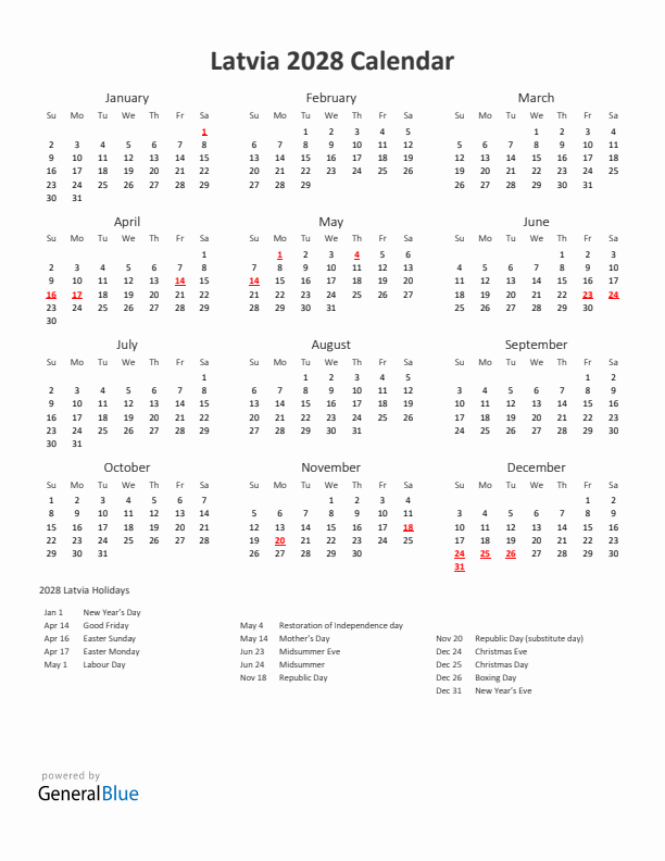 2028 Yearly Calendar Printable With Latvia Holidays