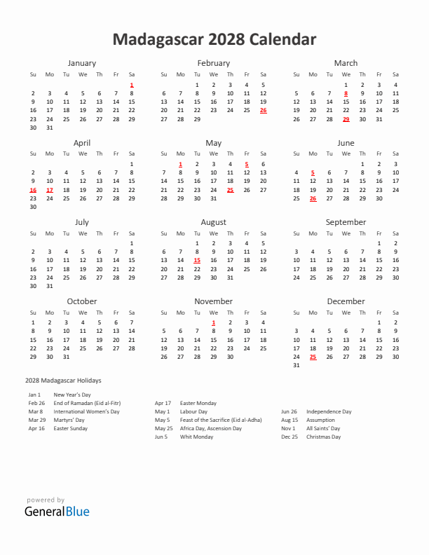 2028 Yearly Calendar Printable With Madagascar Holidays